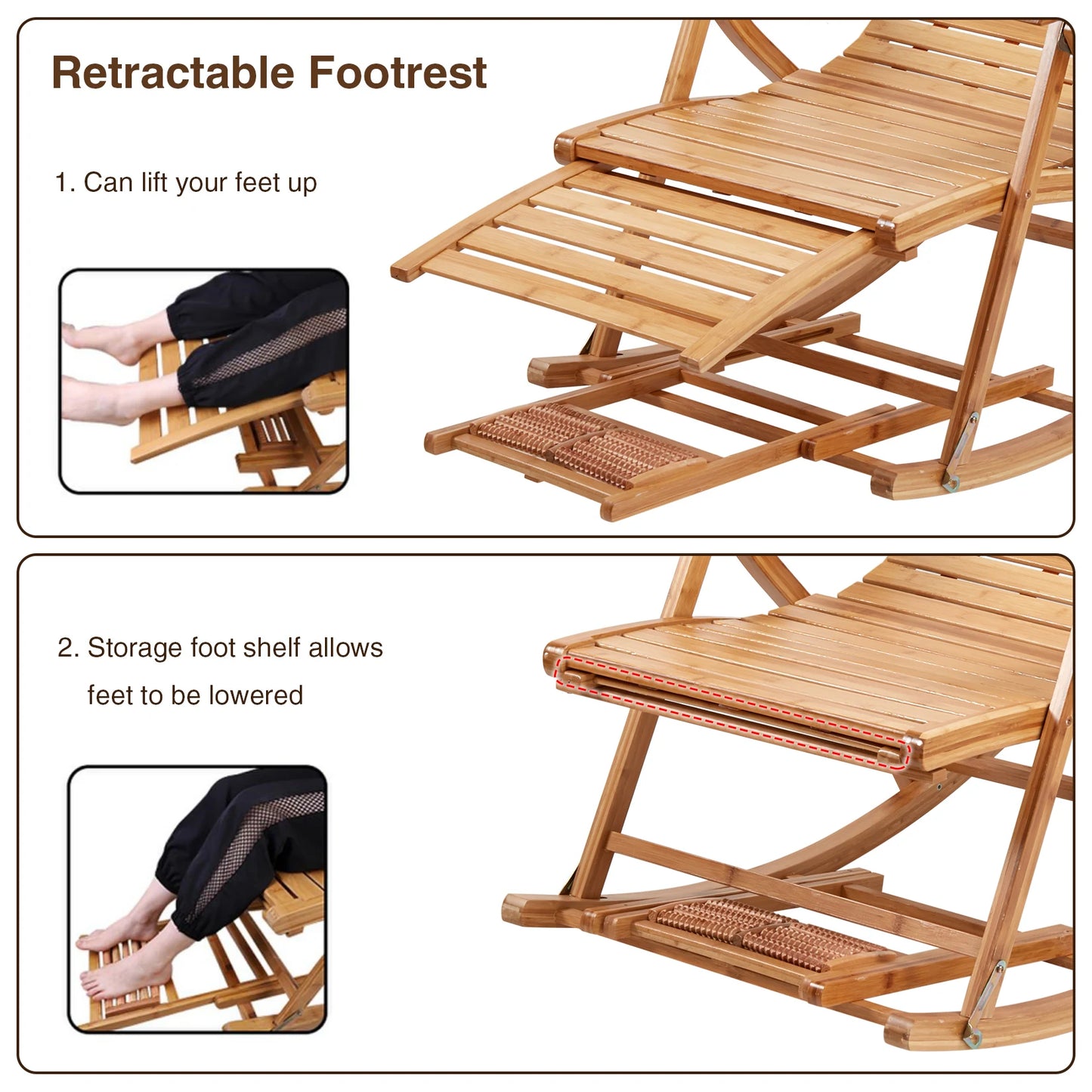 Bingopaw Heavy Duty Bamboo Rocking Chair Adjustable Lounge Recliner Outdoor