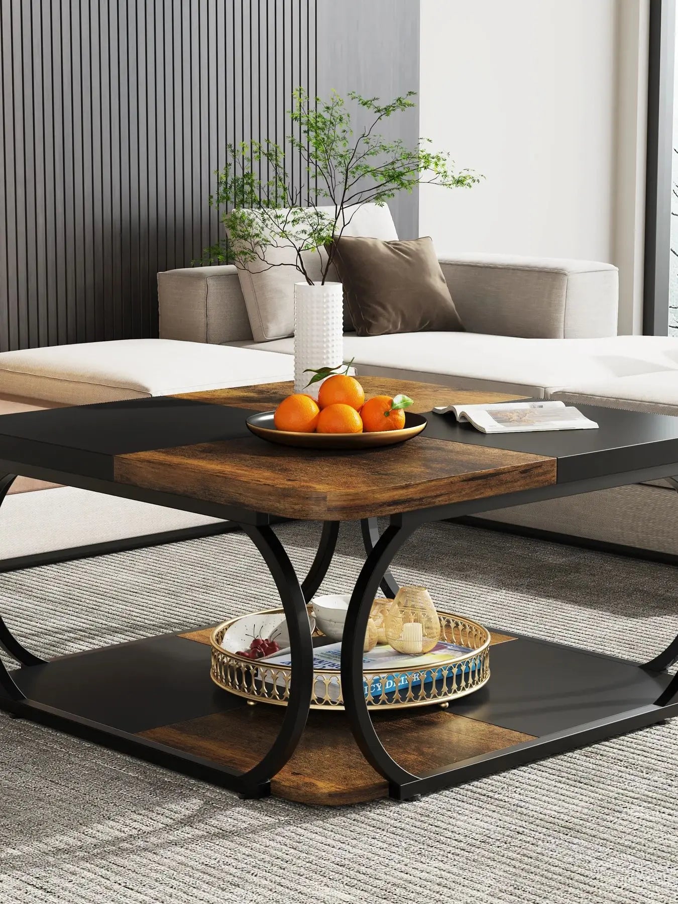 Tribesigns Square Coffee Table With Two Tiers Storage Shelf