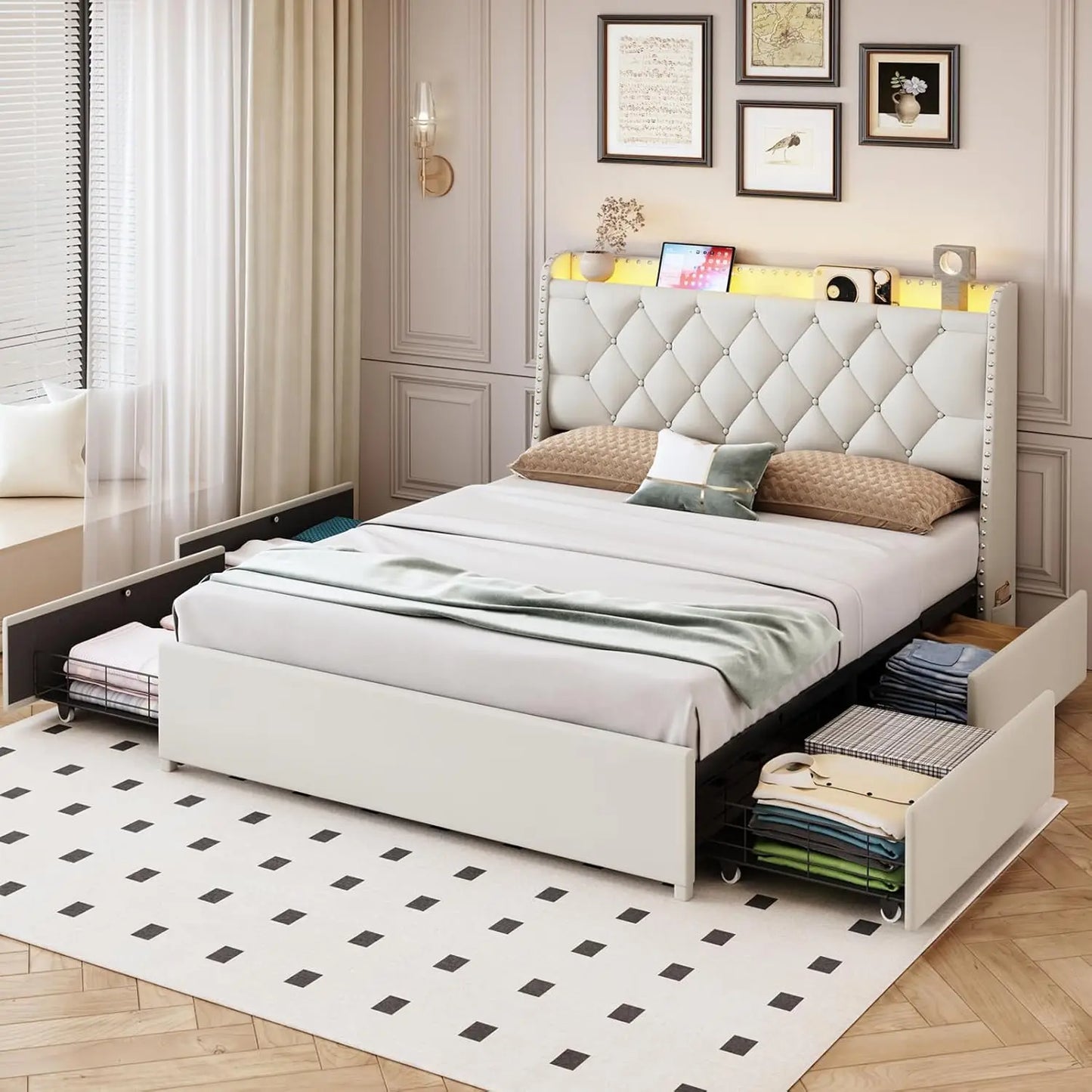 Upholstered Bed Frame With Four Drawers Storage Headboard LED Lights USB