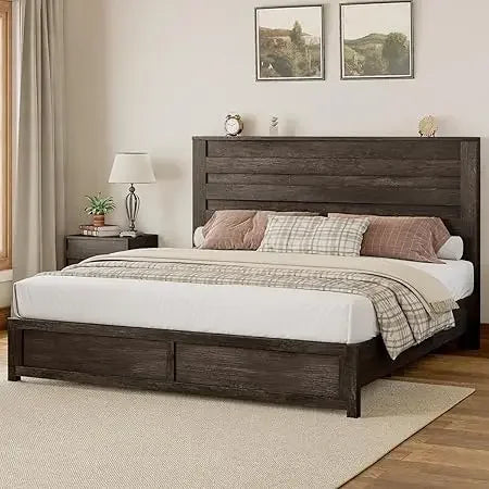Farmhouse Platform Bed Frame With Headboard And Wood Slats No Box Spring Needed