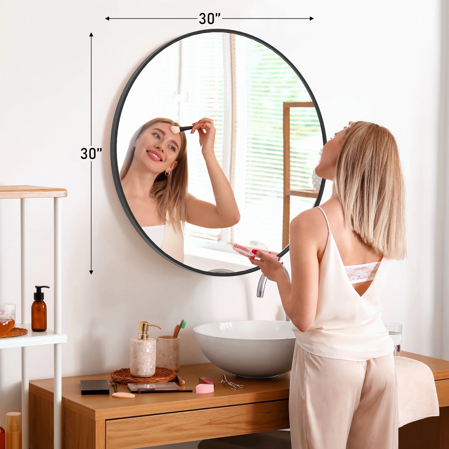 JHK Round Vanity Mirror Wall Mounted Matte Metal Frame
