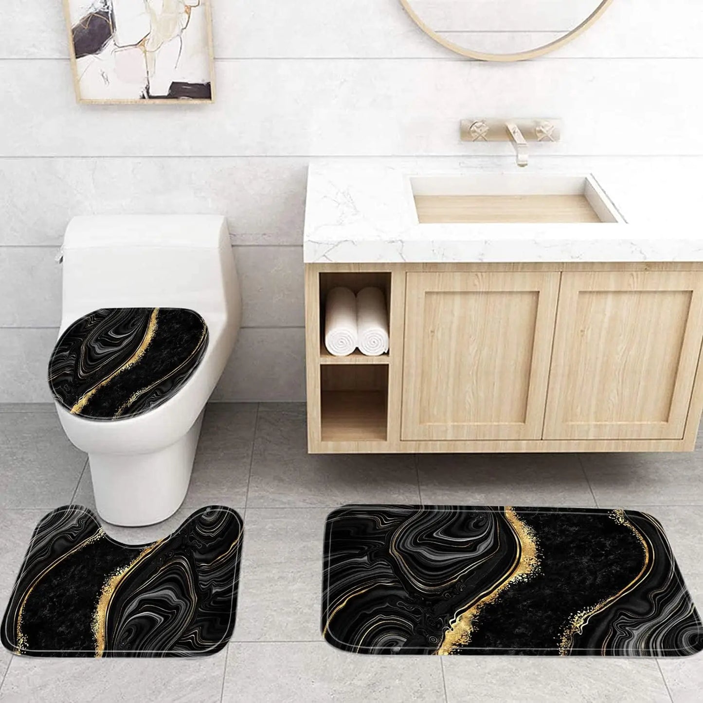 Marble Shower Curtain Set With Floor Mats Modern Bathroom Decor