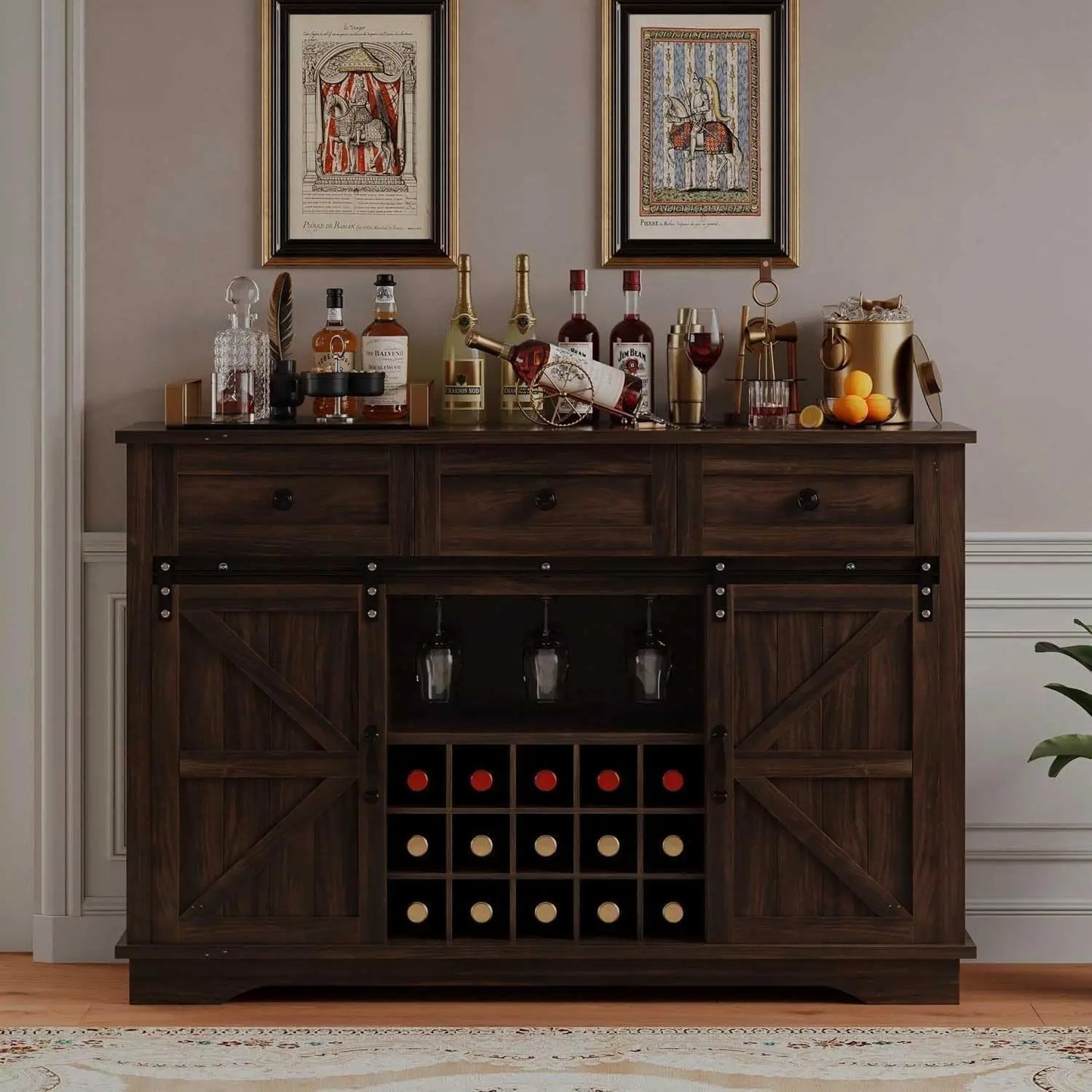 Farmhouse Coffee Bar Cabinet Sliding Barn Door with Adjustable Storage