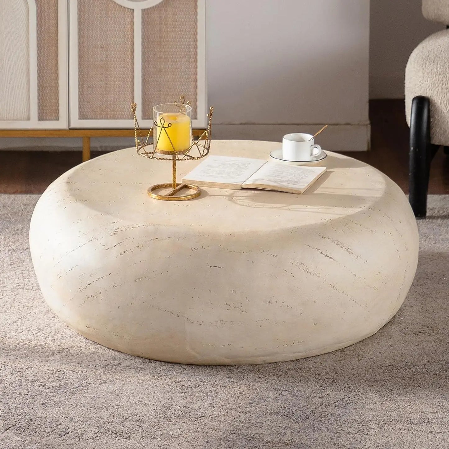 Mid Century Round Coffee Table With Vintage Faux Stone Design