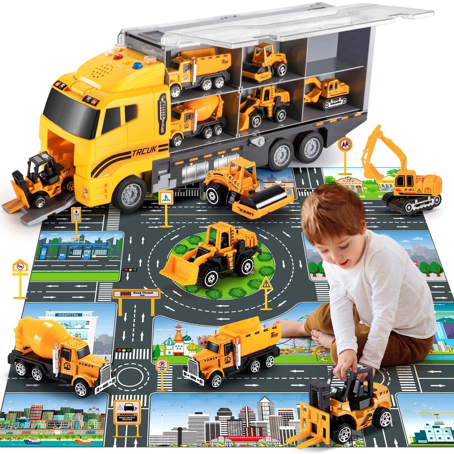 CE Kids Transport Truck Fire Cars Play Mat Toy Set