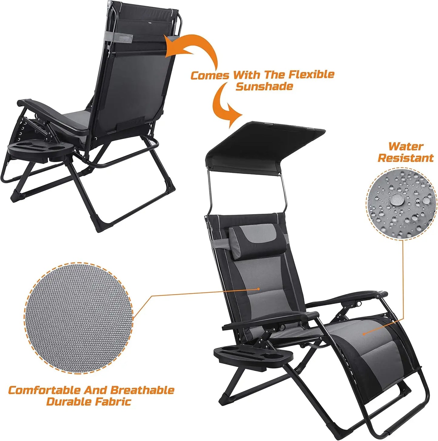 Recliner Folding Chair For Camping And Outdoor Use With Sunshade