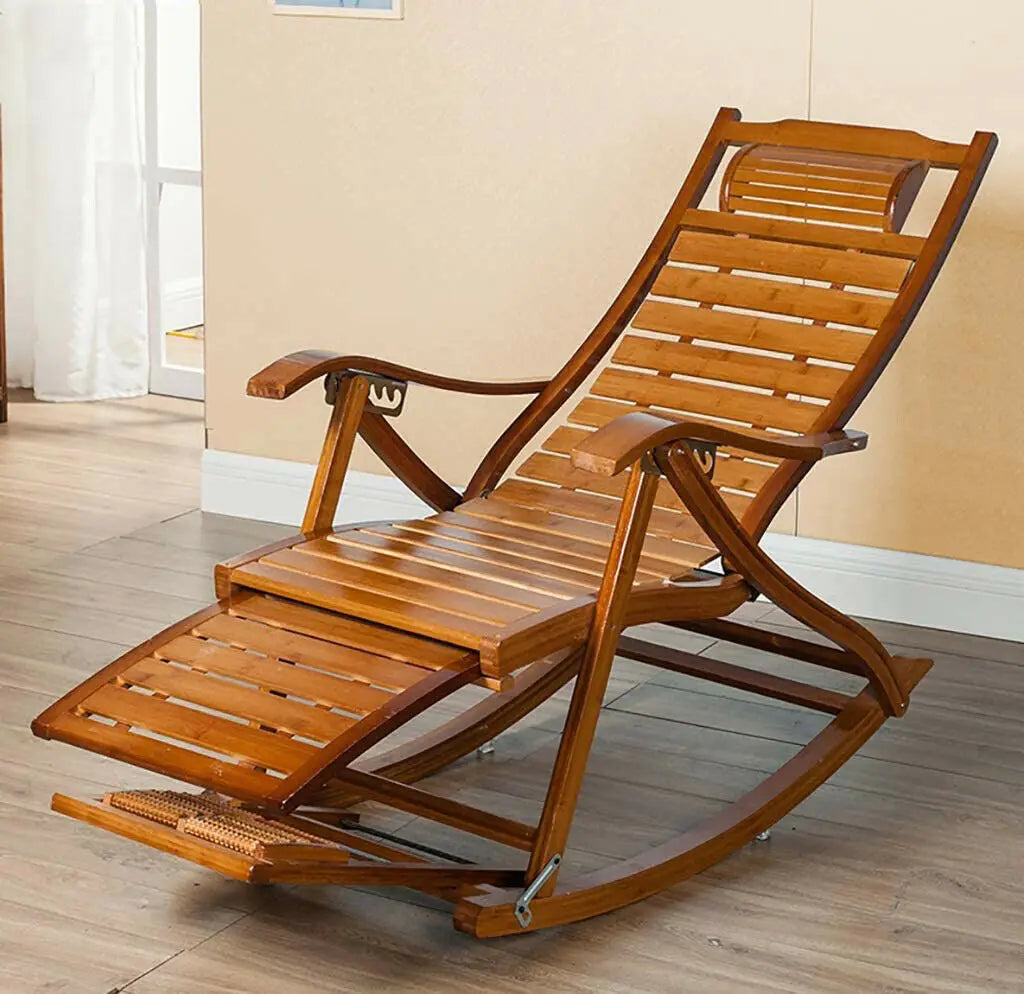 BINGOPAW Heavy Duty Bamboo Rocking Chair Adjustable Lounge Recliner