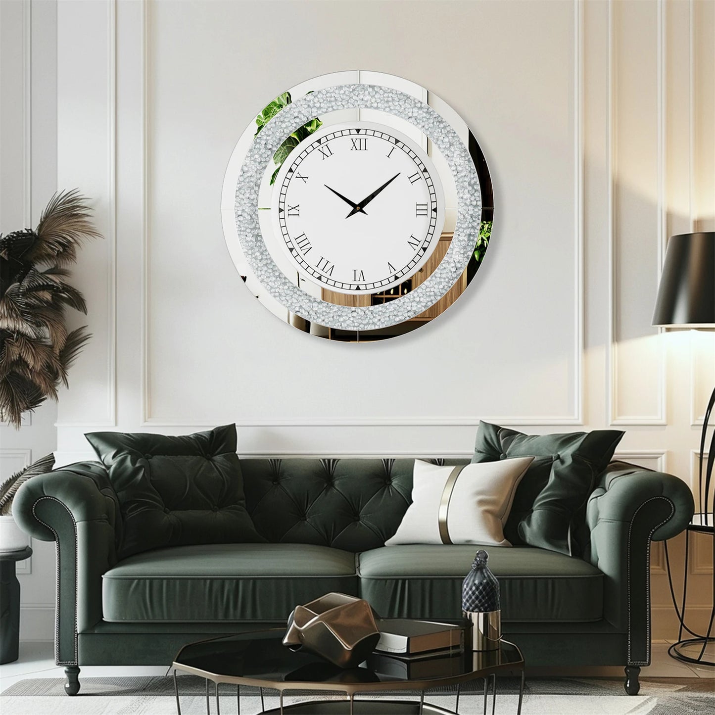 Combination Bling Silver Round Mirror Wall Clock For Home Decor