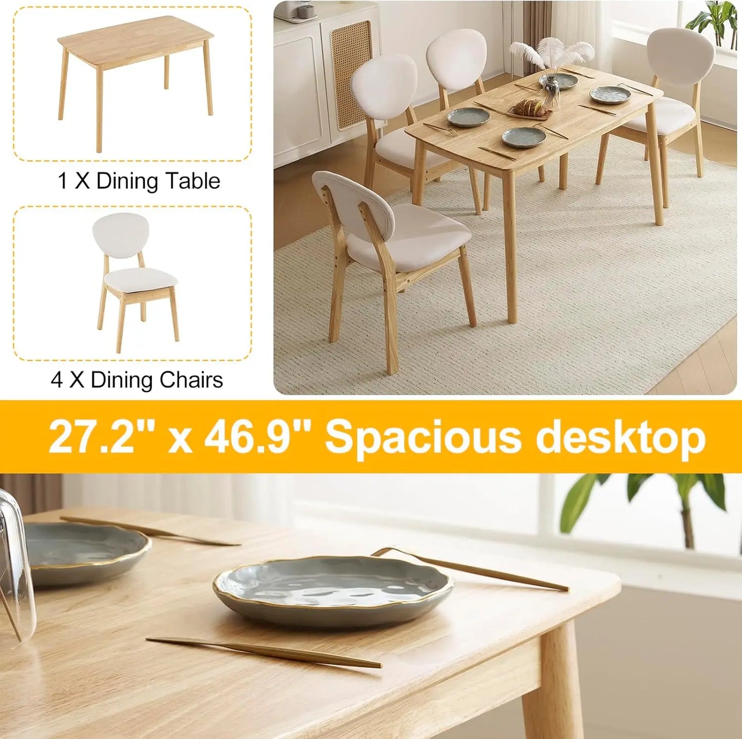 Mid Century Modern Wood Dining Table Set with Padded Seats