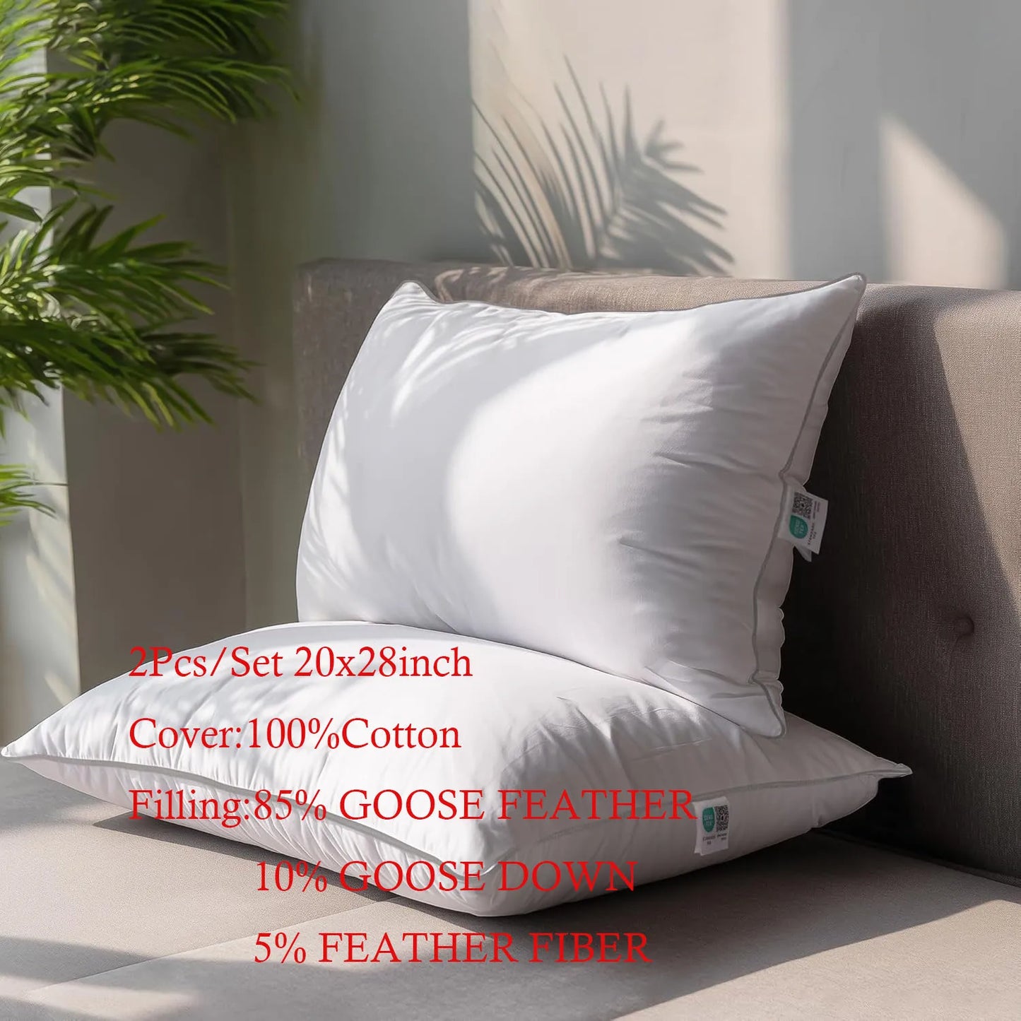 WQSPRING Goose Feather Down Pillows Two Pack Cotton Cover For Back Sleepers