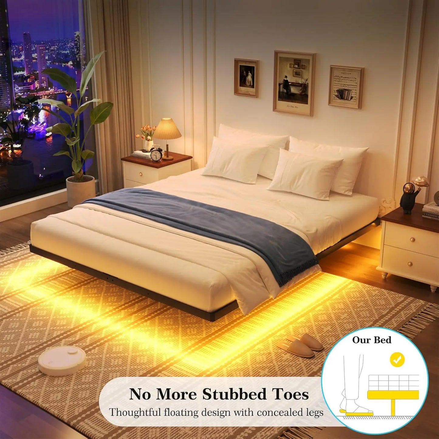 Heavy Duty Metal Floating Bed Frame With Smart LED Lights