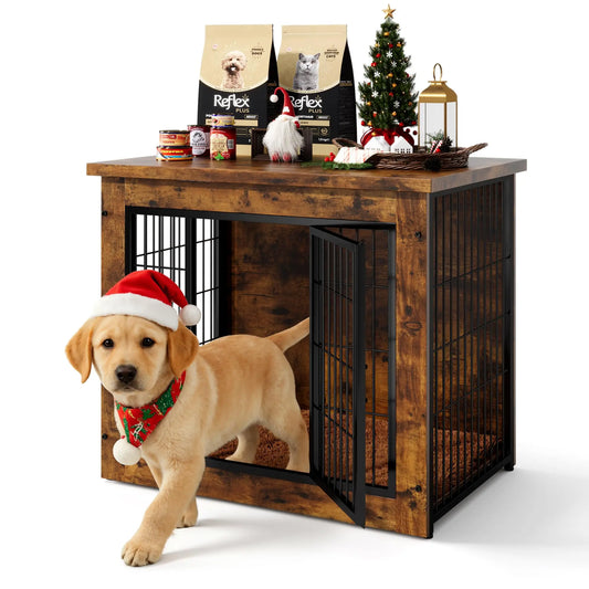 Wooden Dog Crate Furniture With Thick Cushion And Double Door