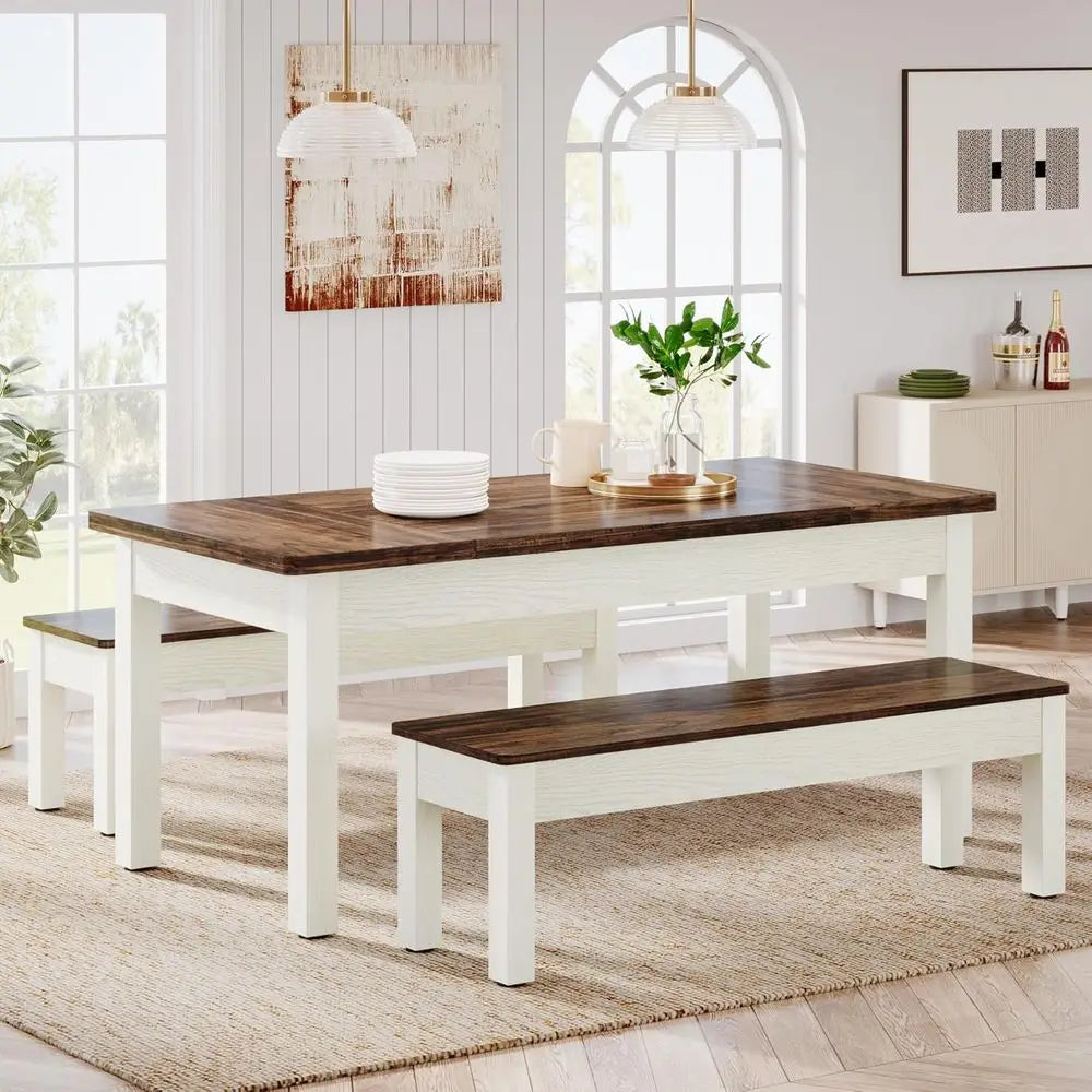 Farmhouse Dining Table Set with Benches in Solid Wood