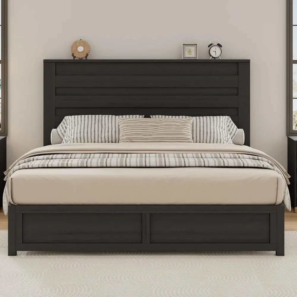 Farmhouse Platform Bed Frame With Headboard And Wood Slats No Box Spring Needed