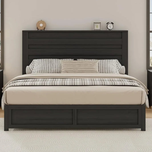 Farmhouse Platform Bed Frame With Headboard And Wood Slats No Box Spring Needed