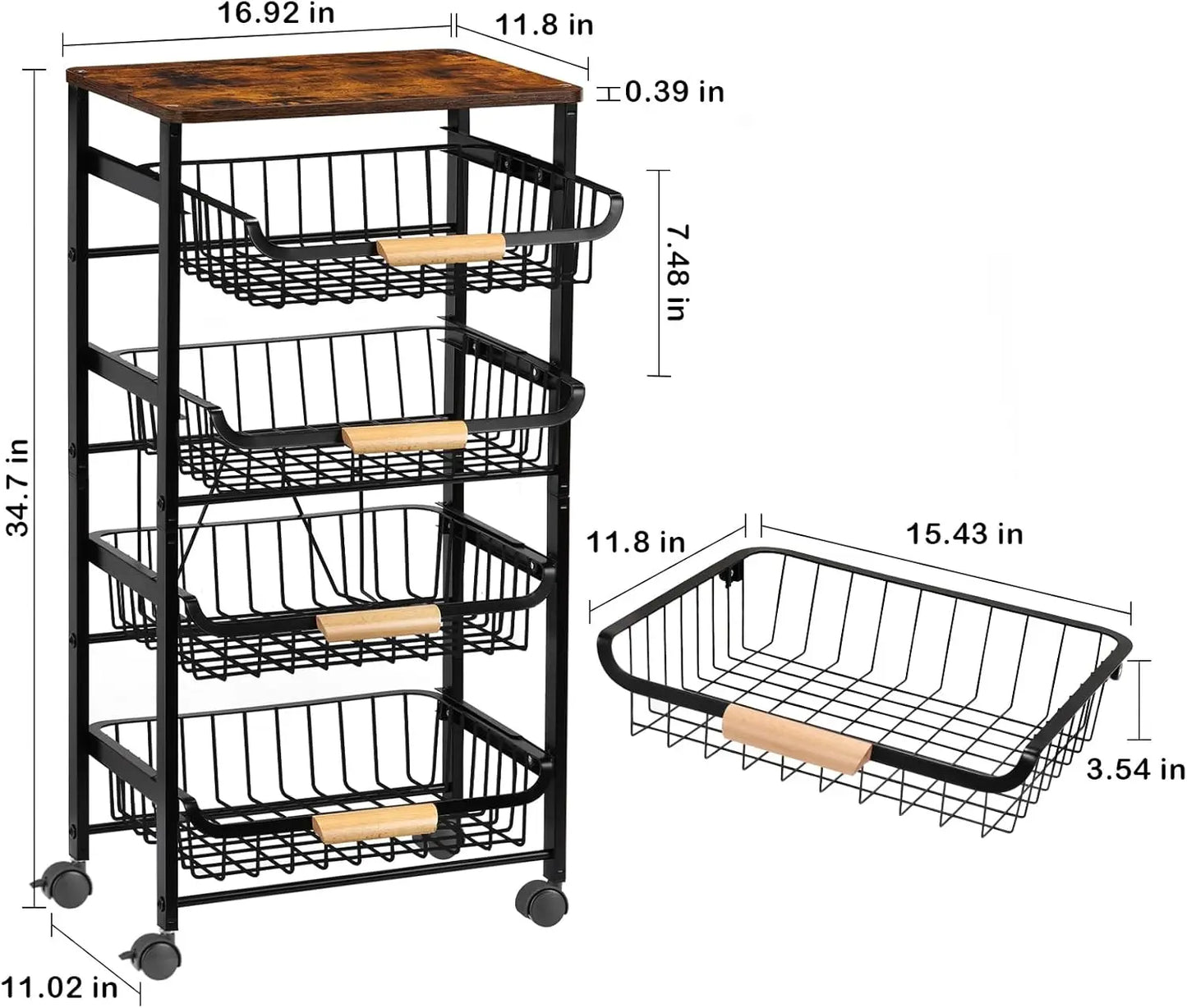 5-Tier Rolling Kitchen Cart With Wooden Top And Mesh Baskets