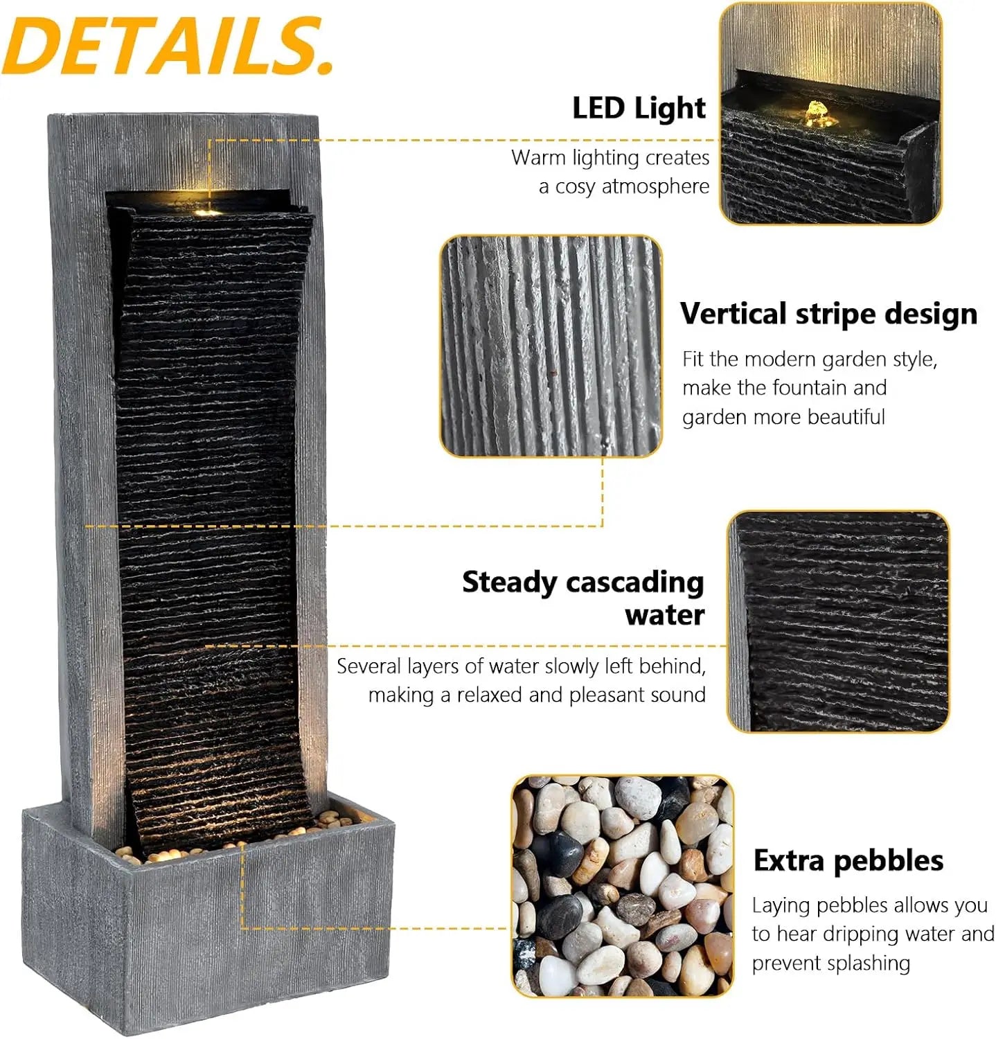 Titimom Cascading Rock Water Fountain With Lights Outdoor Patio