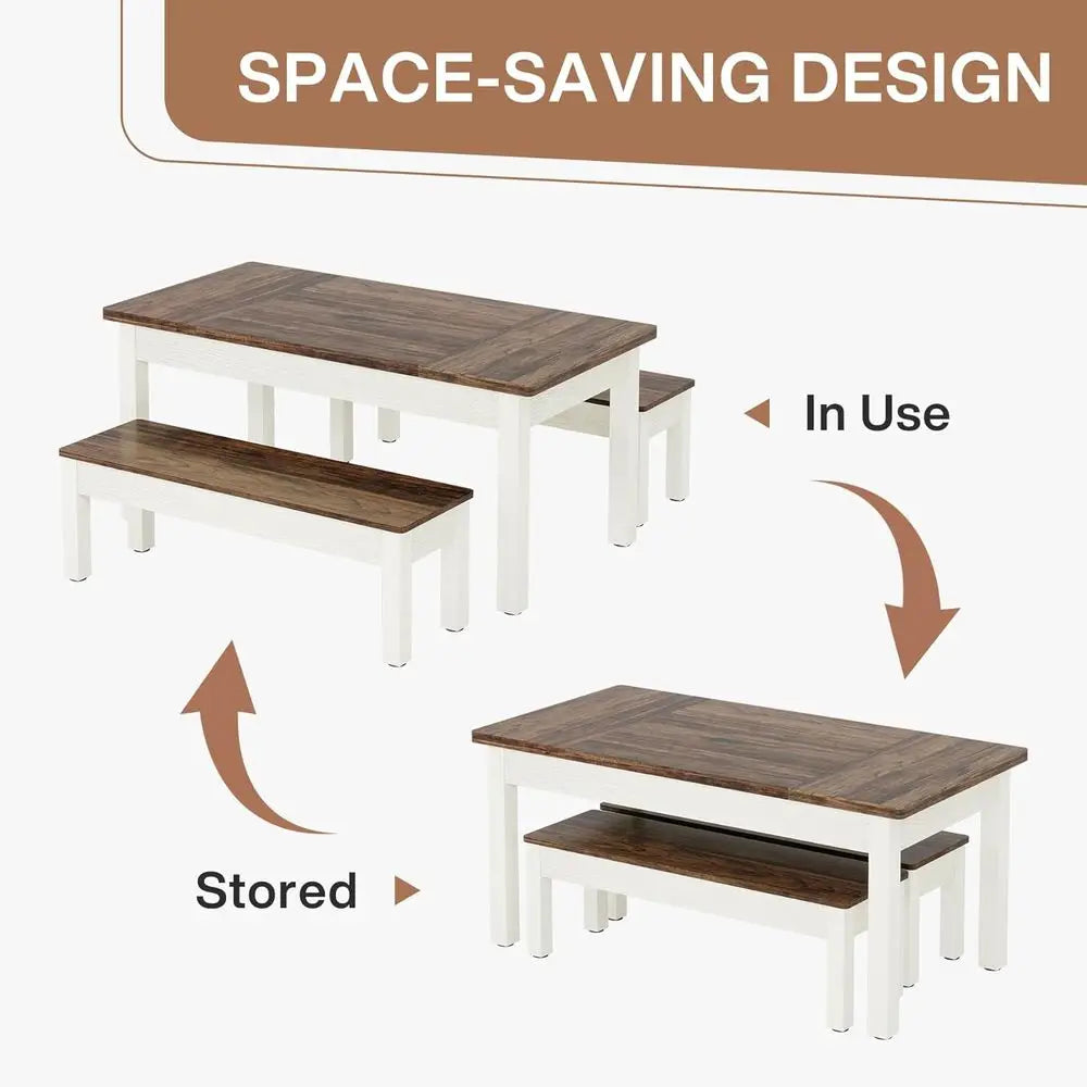 Farmhouse Dining Table Set with Benches in Solid Wood