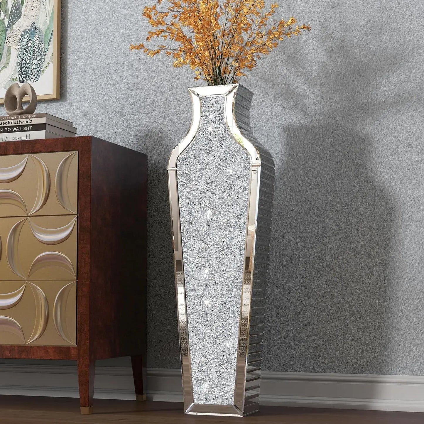 Function Crushed Diamond Mirrored Floor Vase Glass Flower Vase