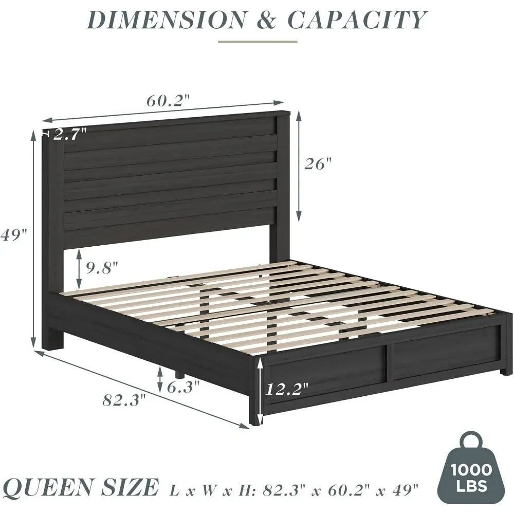 Farmhouse Platform Bed Frame With Headboard And Wood Slats No Box Spring Needed