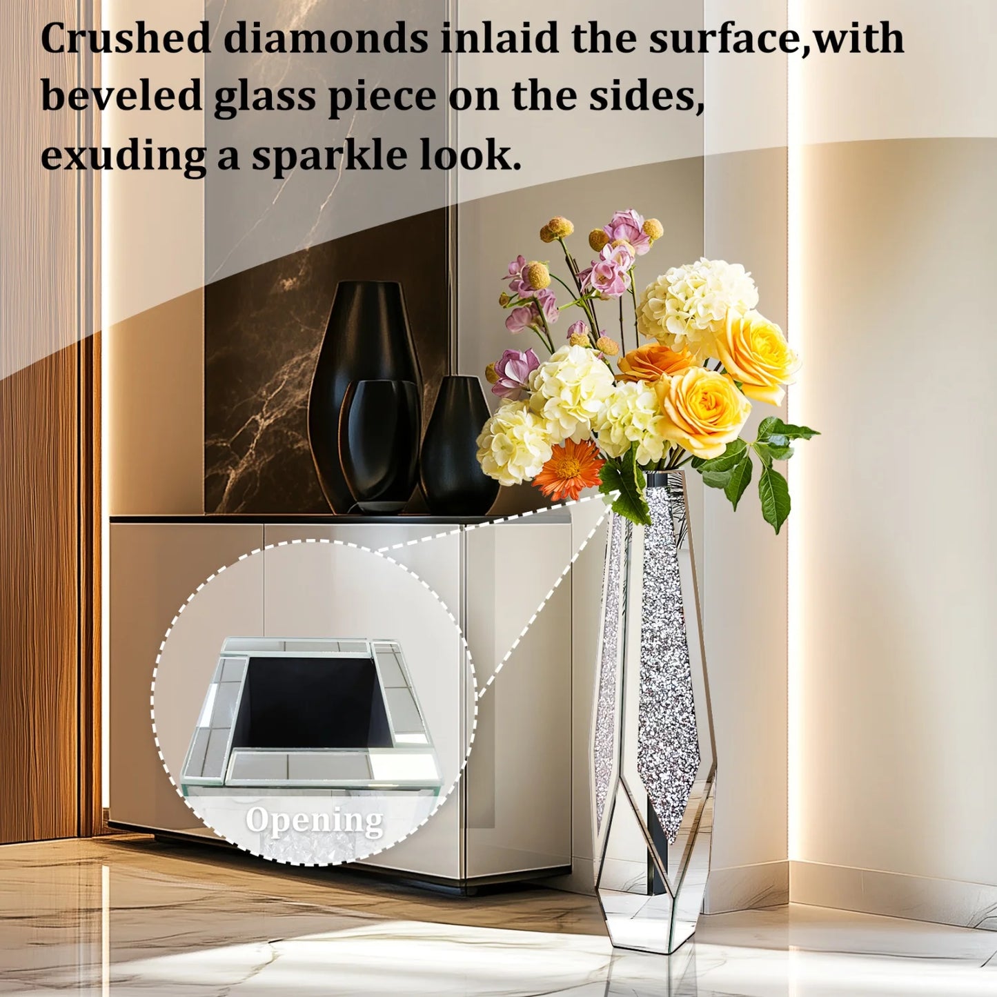 Function Crushed Diamond Mirrored Floor Vase Glass Flower Vase