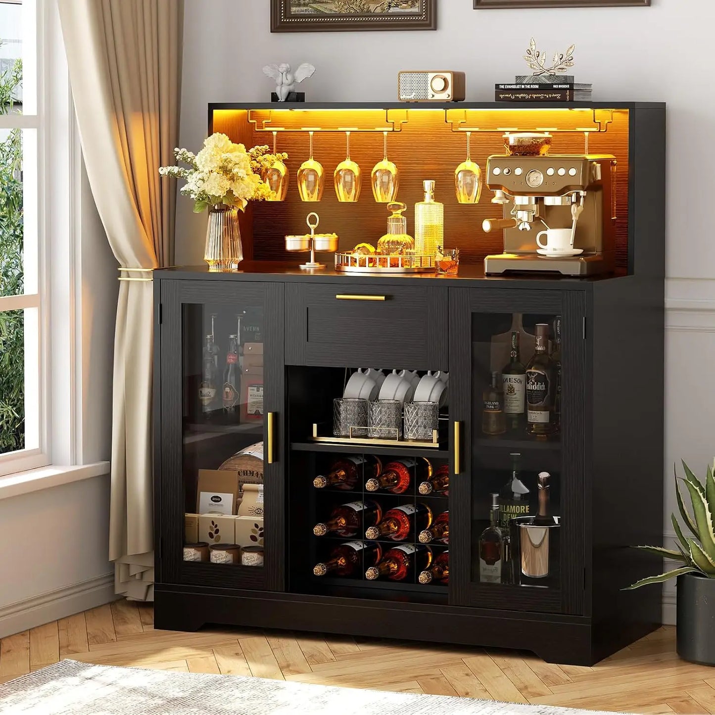 Wine Bar Cabinet With LED Lighting And Glass Holder Storage