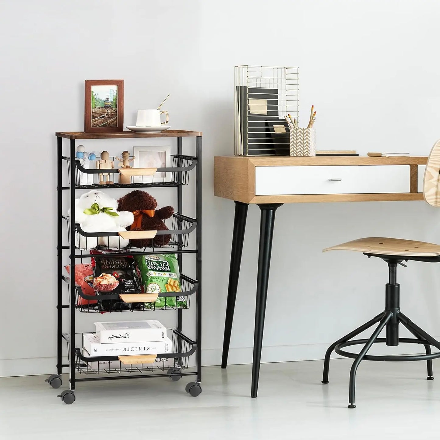 5-Tier Rolling Kitchen Cart With Wooden Top And Mesh Baskets