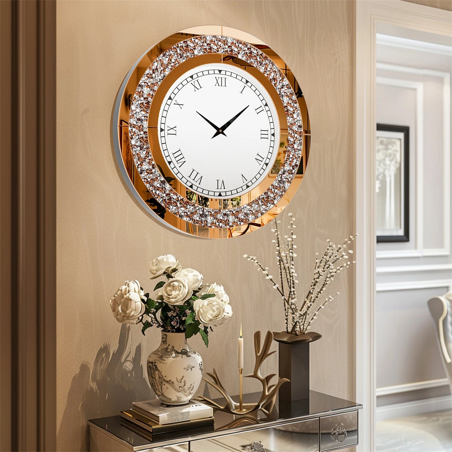 Combination Bling Silver Round Mirror Wall Clock For Home Decor
