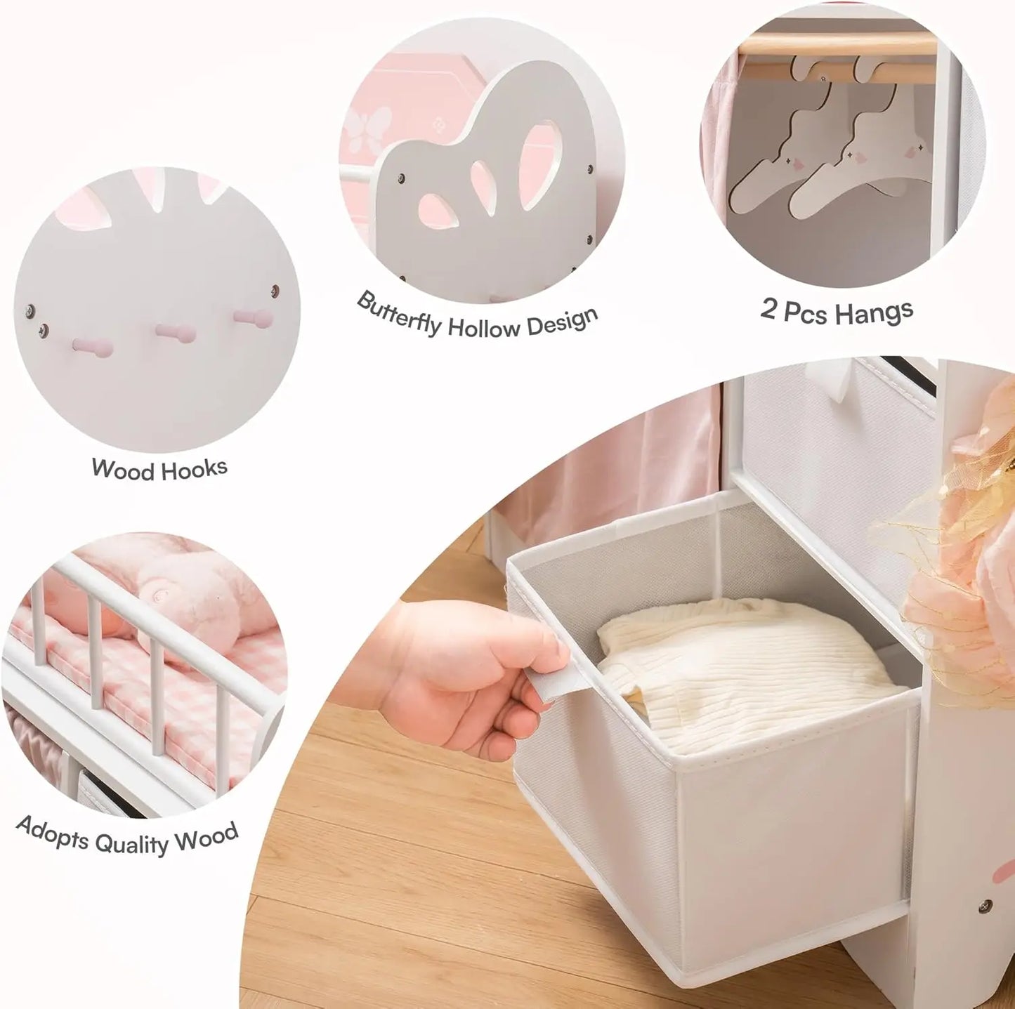 Rolife Baby Doll Crib Wooden With Storage Bedding And Hooks