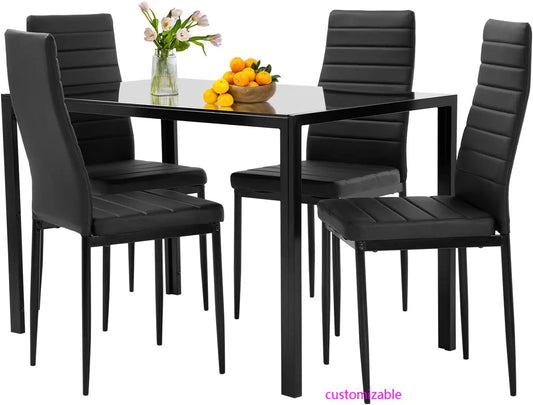 XMSJ 5 Piece Dining Table Set Glass Kitchen 4 Upholstered Chairs Modern