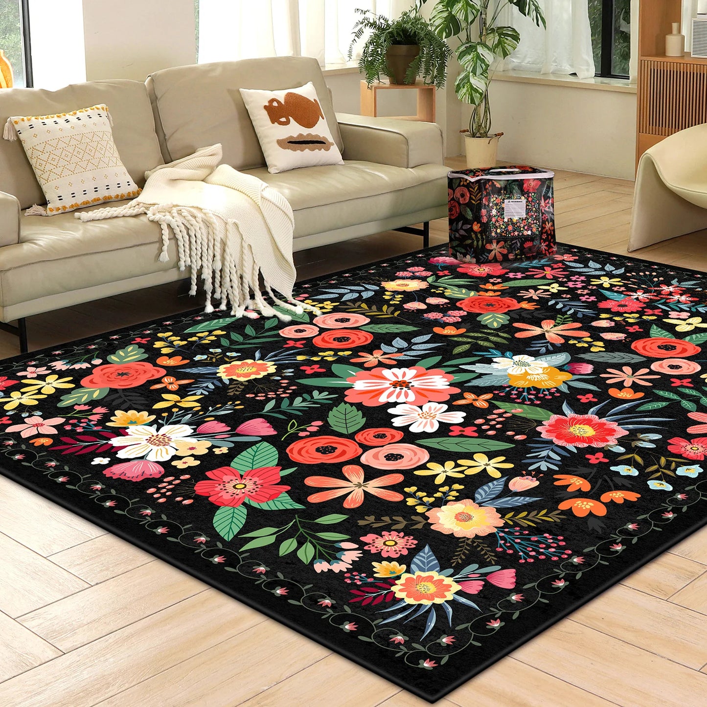 Floor Carpet Boho Floral Soft Rug Washable Non Slip