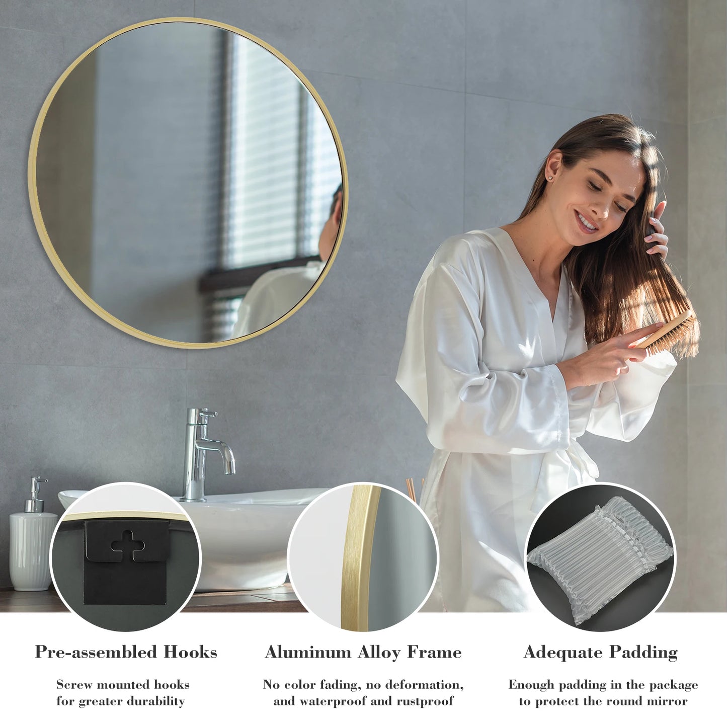 JHK Round Vanity Mirror Wall Mounted Matte Metal Frame