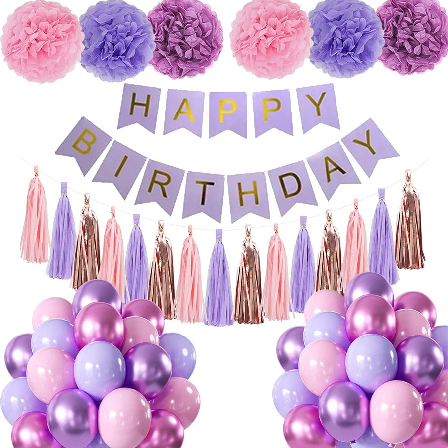 Birthday Party Decorations Set With Happy Birthday Banner And Pompoms