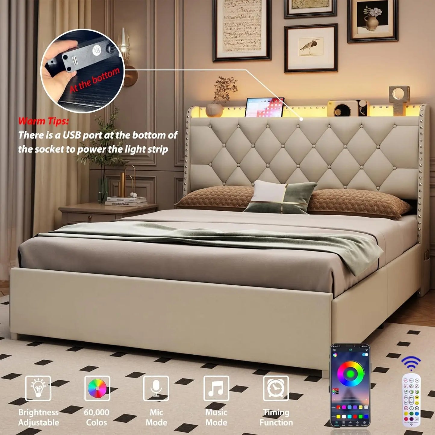 Upholstered Bed Frame With Four Drawers Storage Headboard LED Lights USB