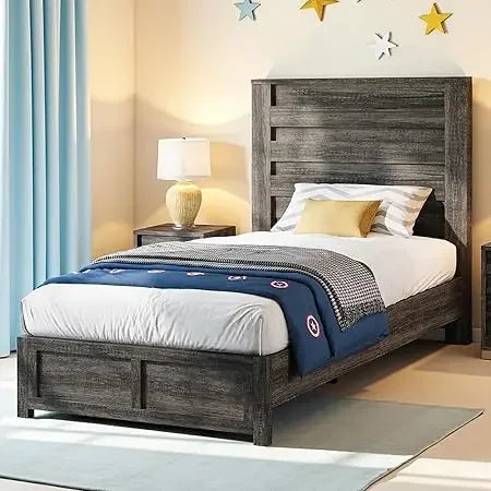 Farmhouse Platform Bed Frame With Headboard And Wood Slats No Box Spring Needed