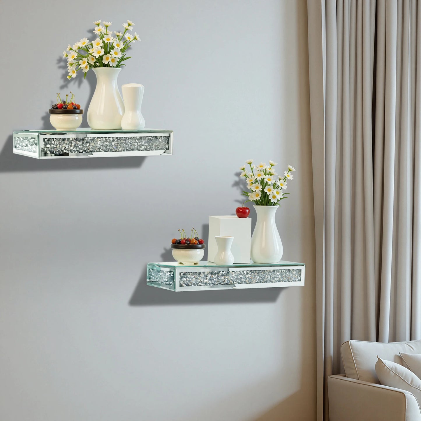 High Concerned Luxury Crushed Diamond Floating Wall Mounted Mirrored Shelf