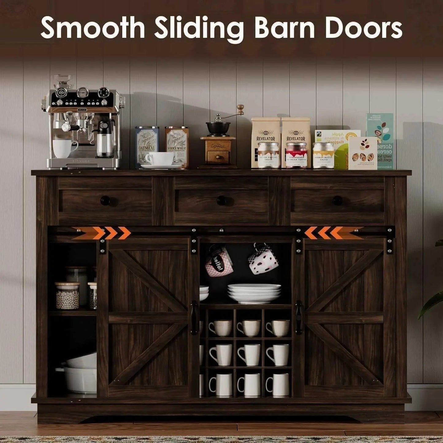Farmhouse Coffee Bar Cabinet Sliding Barn Door with Adjustable Storage