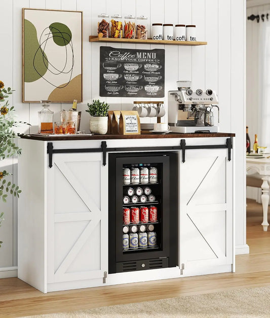Farmhouse Coffee Bar Cabinet With Fridge Space And Barn Doors