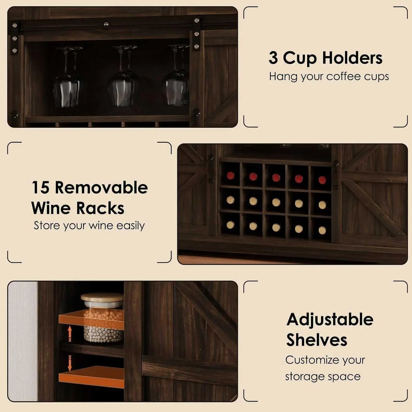 Farmhouse Coffee Bar Cabinet Sliding Barn Door with Adjustable Storage