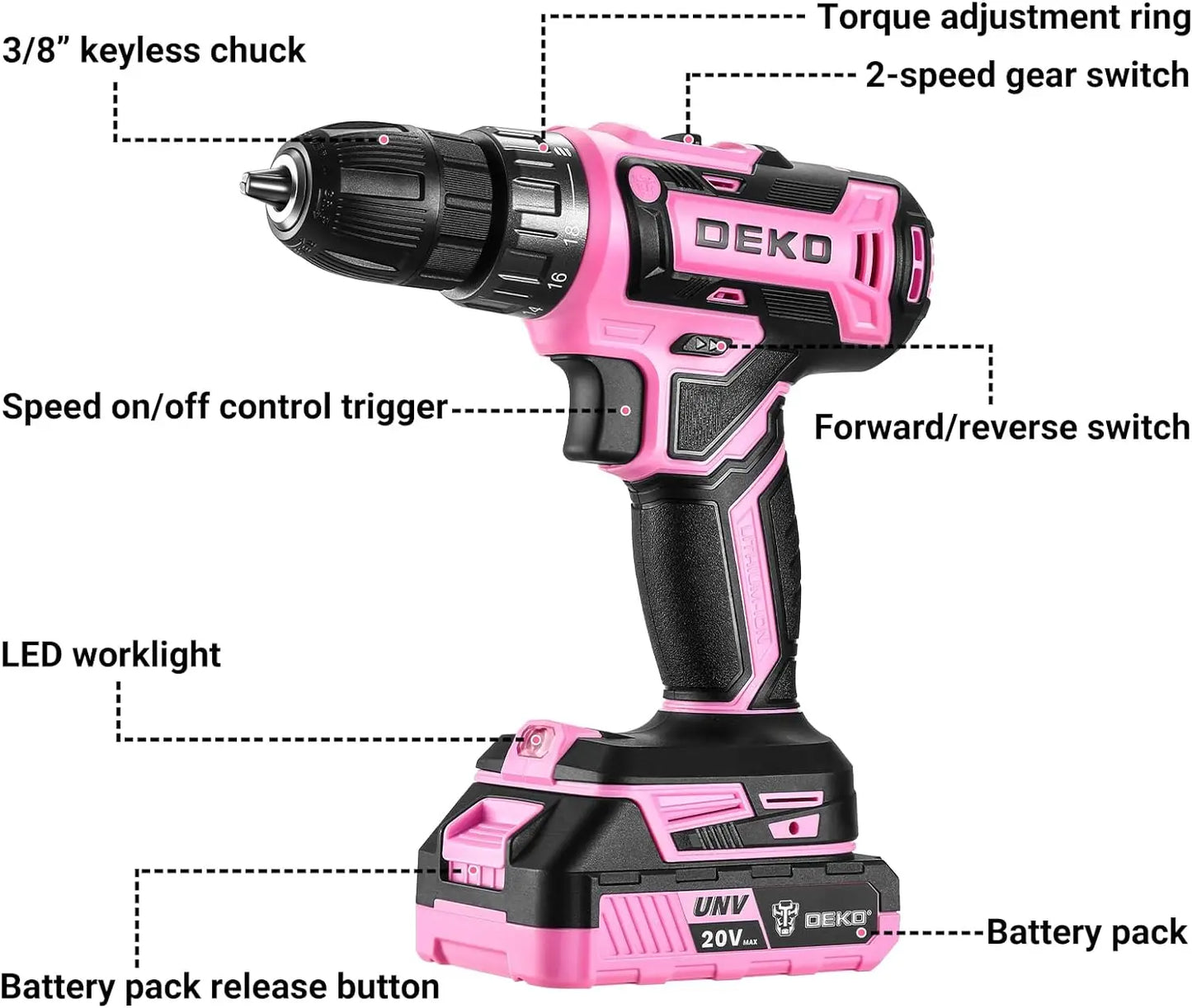 DEKO 20V Cordless Drill Set For Women Power Tool Kit