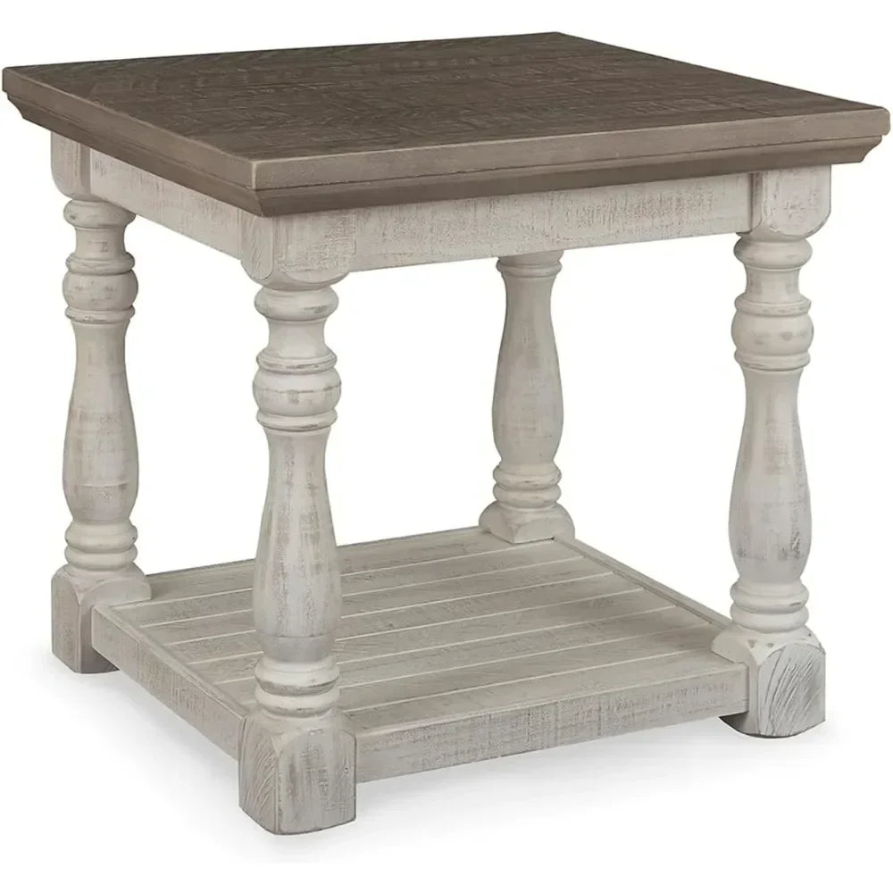 Farmhouse Square End Table With Floor Shelf Vintage Finish
