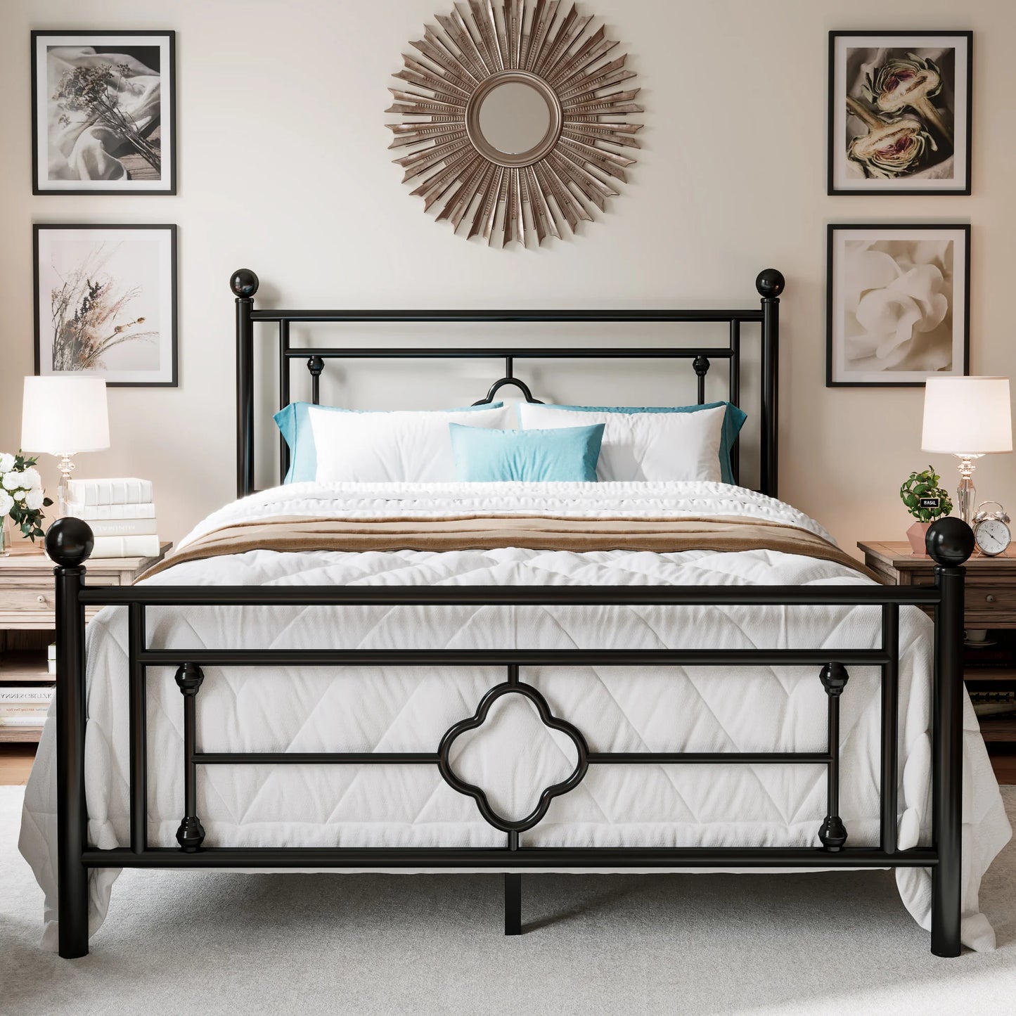 HOOMI Iron Platform Bed Frame Wrought Iron Headboard Footboard