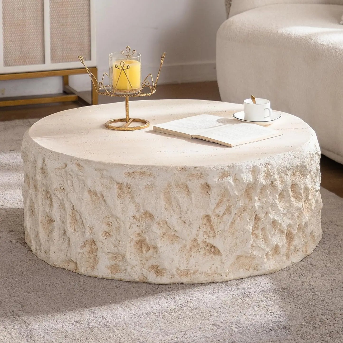 Mid Century Round Coffee Table With Vintage Faux Stone Design