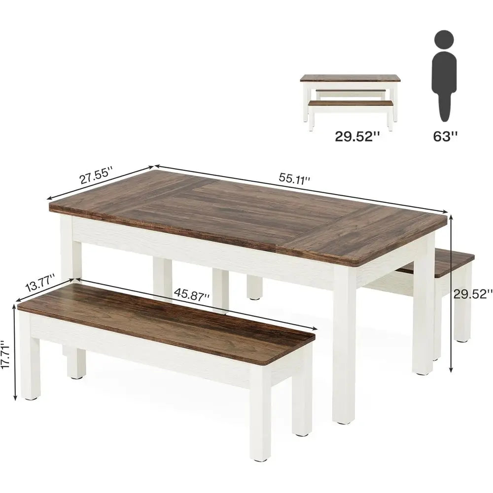 Farmhouse Dining Table Set with Benches in Solid Wood