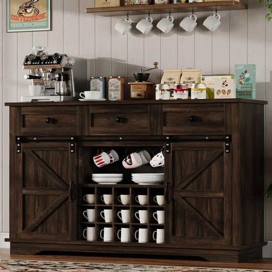 Farmhouse Coffee Bar Cabinet Sliding Barn Door with Adjustable Storage