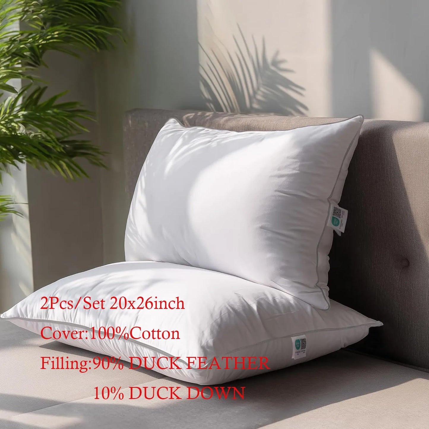 WQSPRING Goose Feather Down Pillows Two Pack Cotton Cover For Back Sleepers