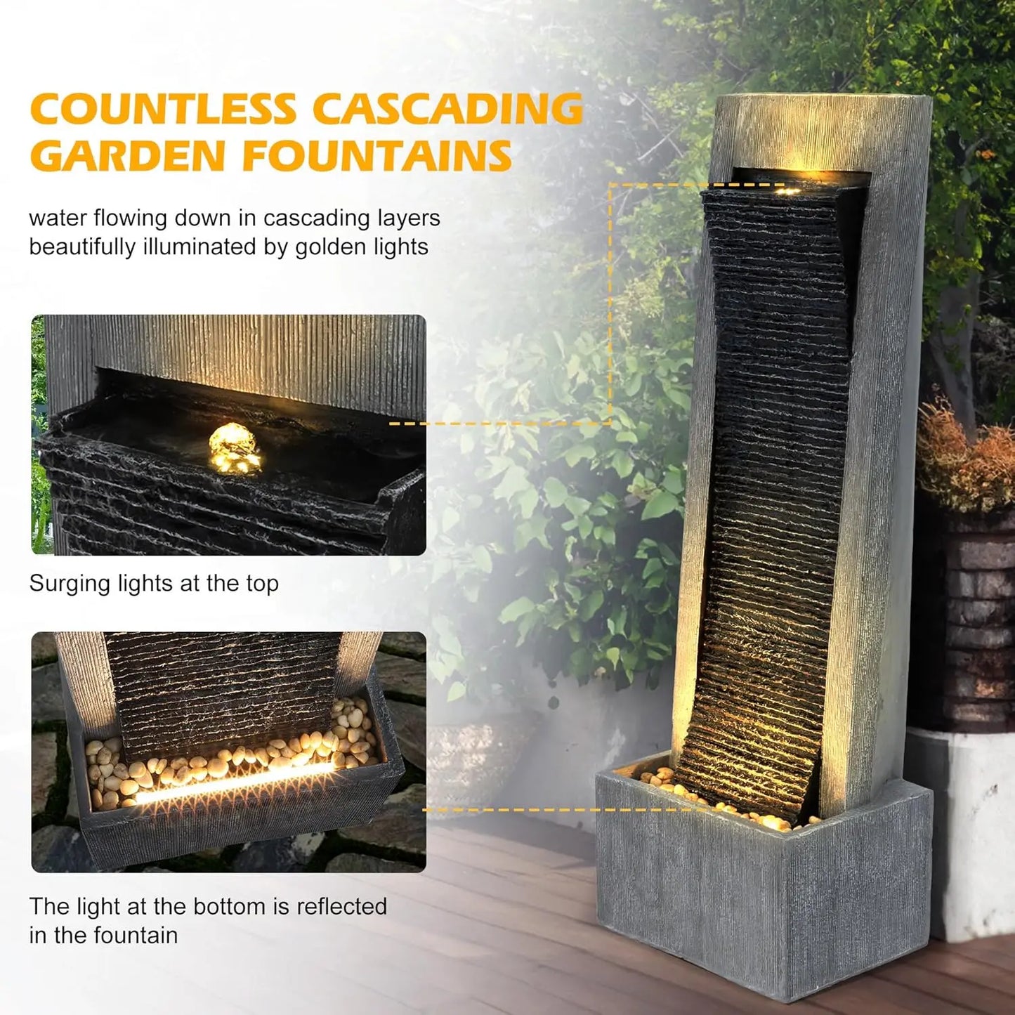 Titimom Cascading Rock Water Fountain With Lights Outdoor Patio