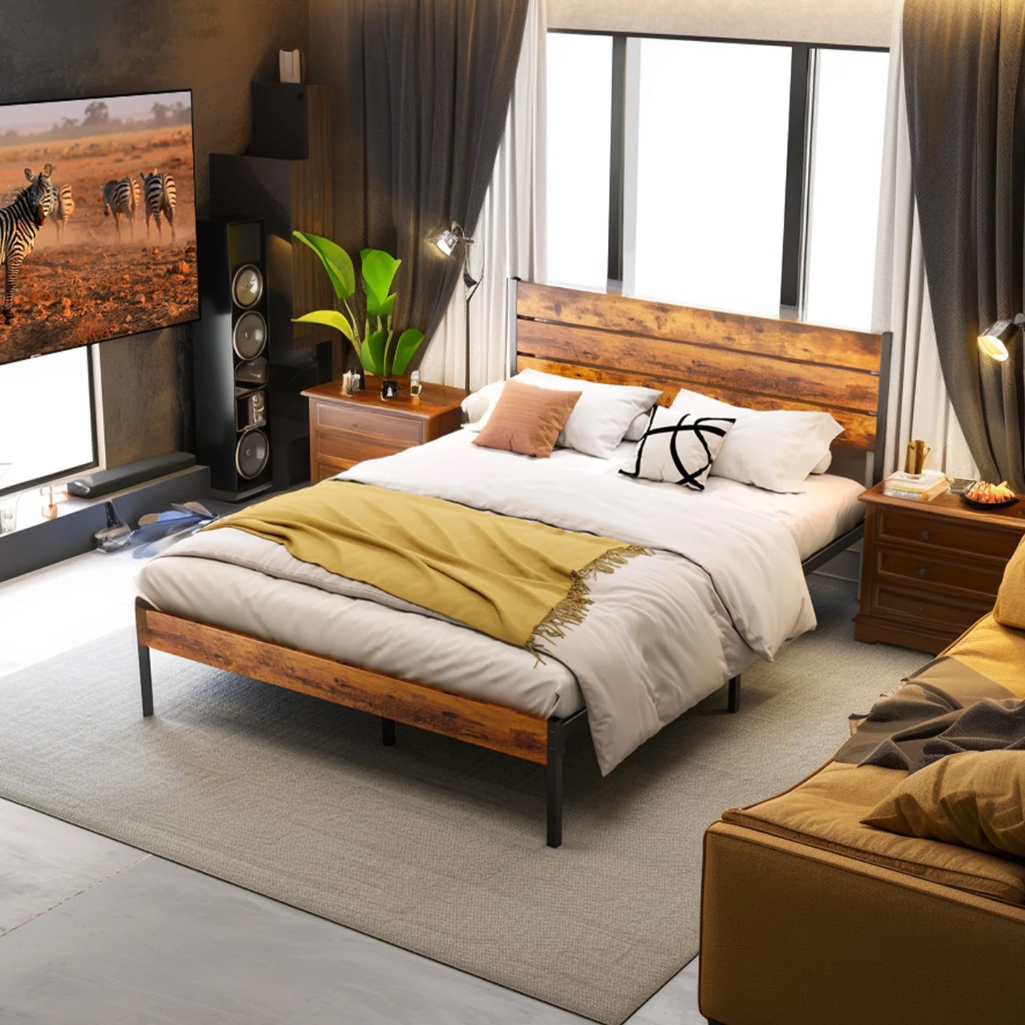 JHK Metal Platform Bed Frame With Headboard And Footboard Slats