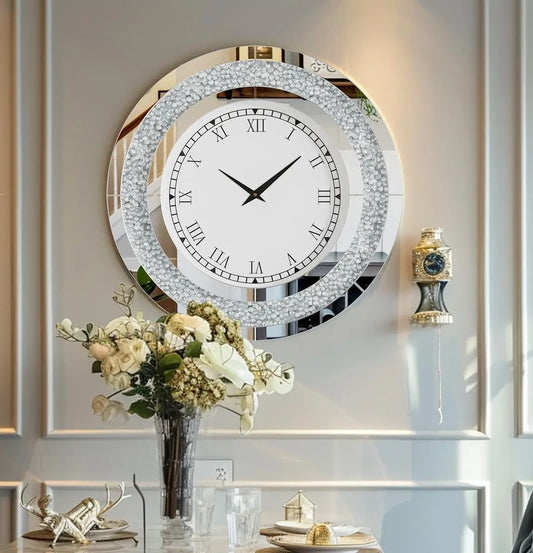 Combination Bling Silver Round Mirror Wall Clock For Home Decor