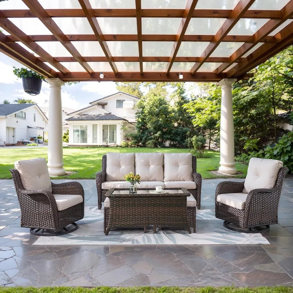 Outdoor 6 Piece Patio Furniture Set With Swivel Rocker Chairs And Rattan Sofa